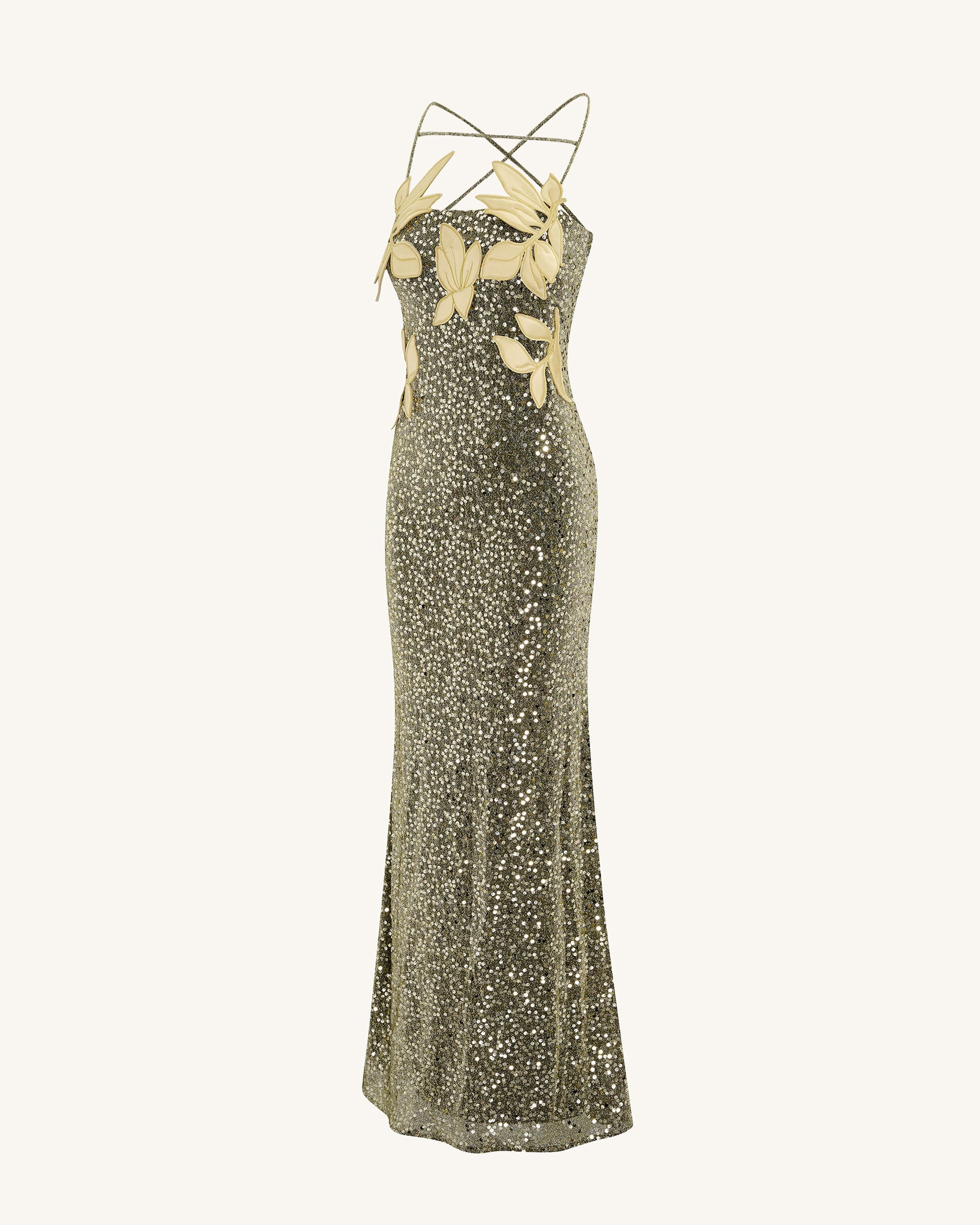 Araminta Sequined Gown with Floral Details - Gold - Image 5