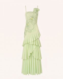 Alternative view of Orchid Embroidered Ruffled One-Shoulder Maxi Dress - Light Green