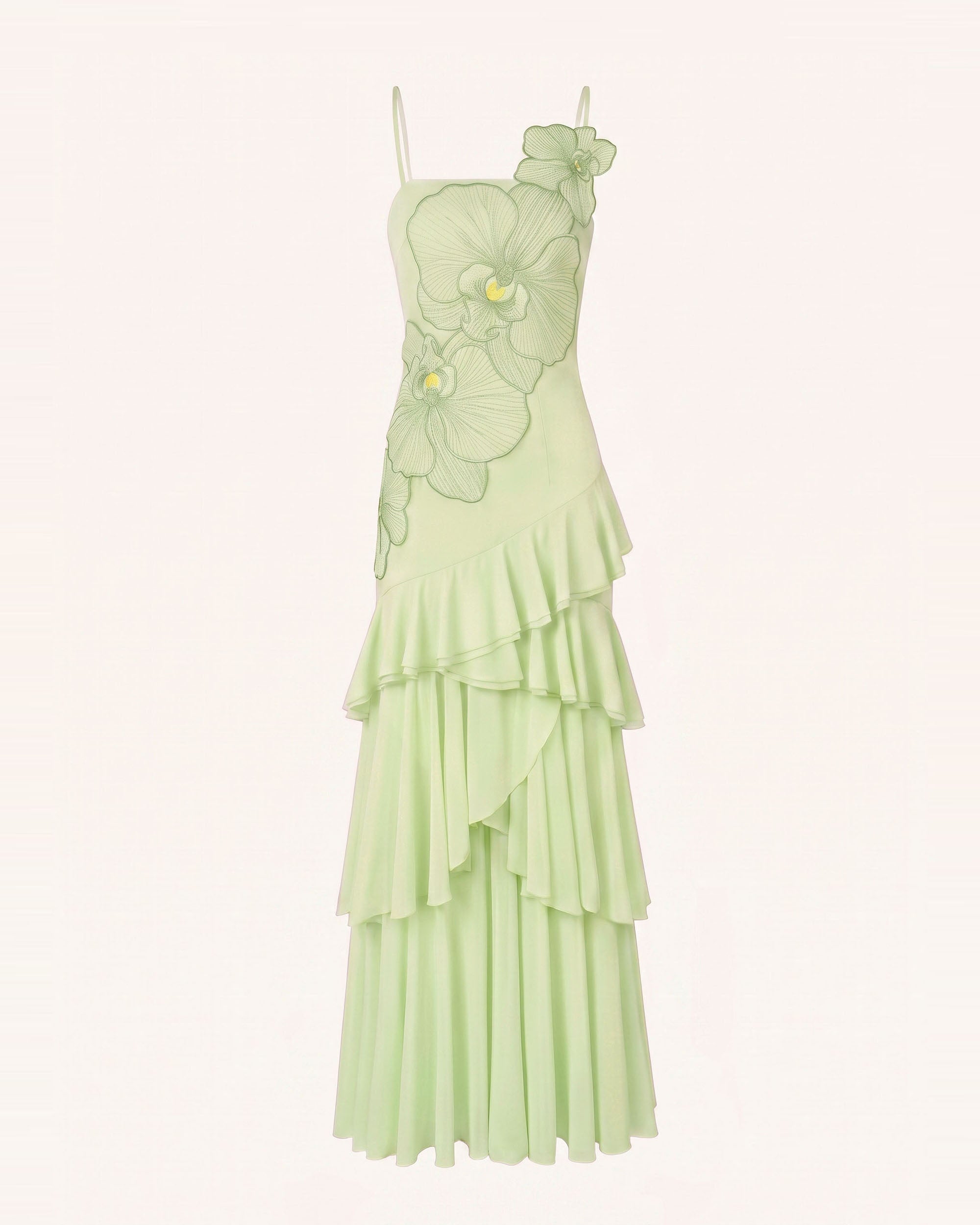 Orchid Embroidered Ruffled One-Shoulder Maxi Dress - Light Green - Image 2