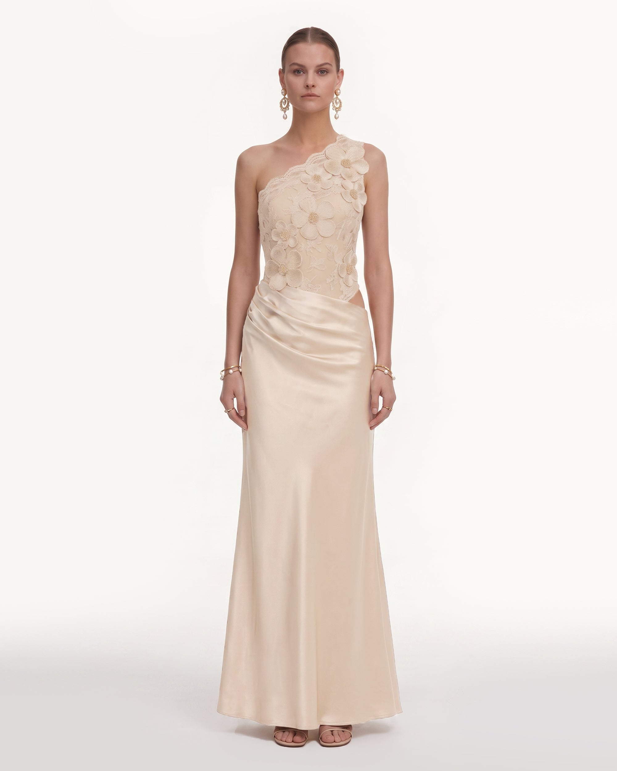 Floral One Shoulder Satin Dress - Cream