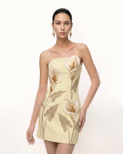 Calla Lily Appliqué Strapless Mini Dress - Butter Yellow
