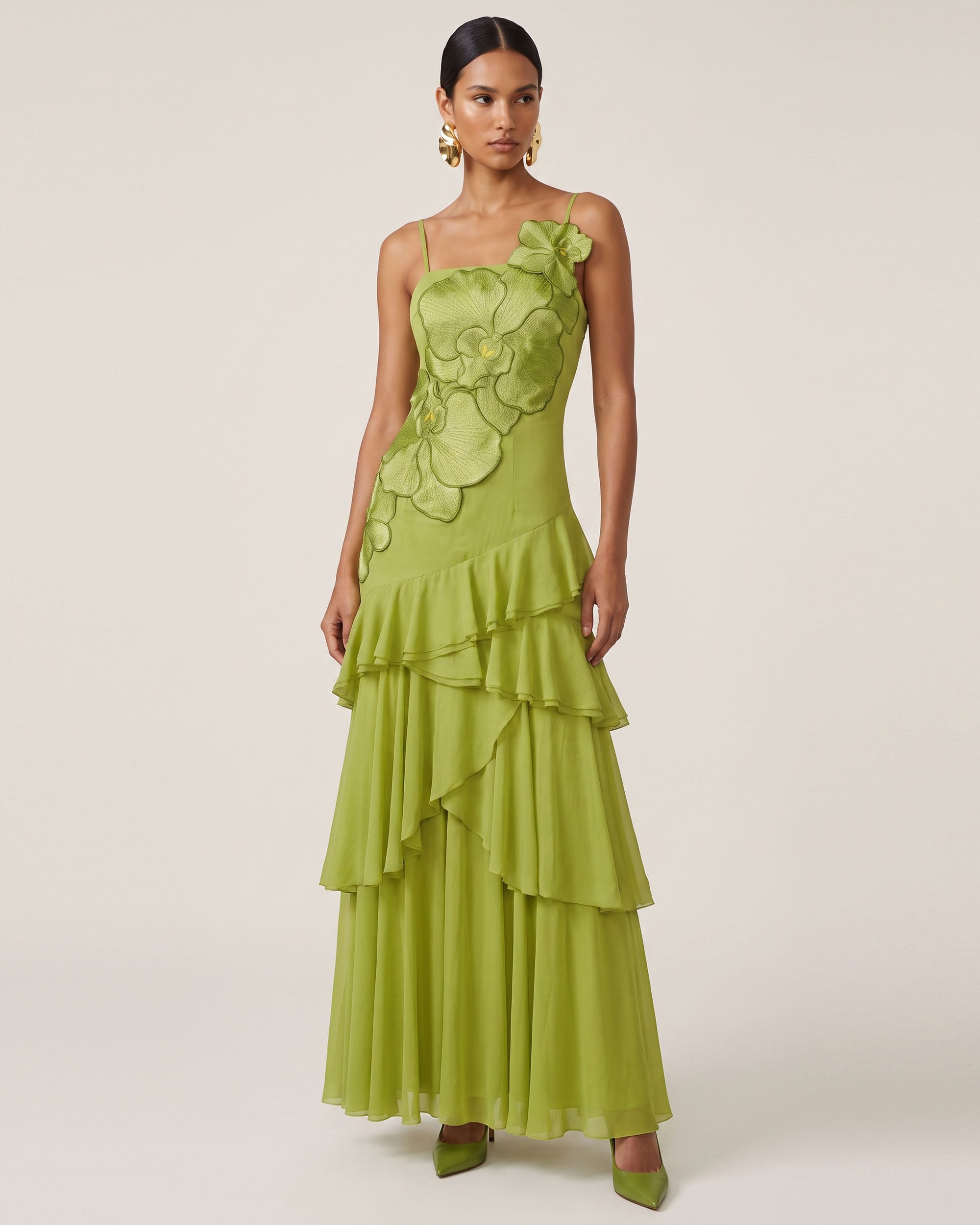 Orchid Embroidered Ruffled One-Shoulder Maxi Dress - Olive Green - Image 2