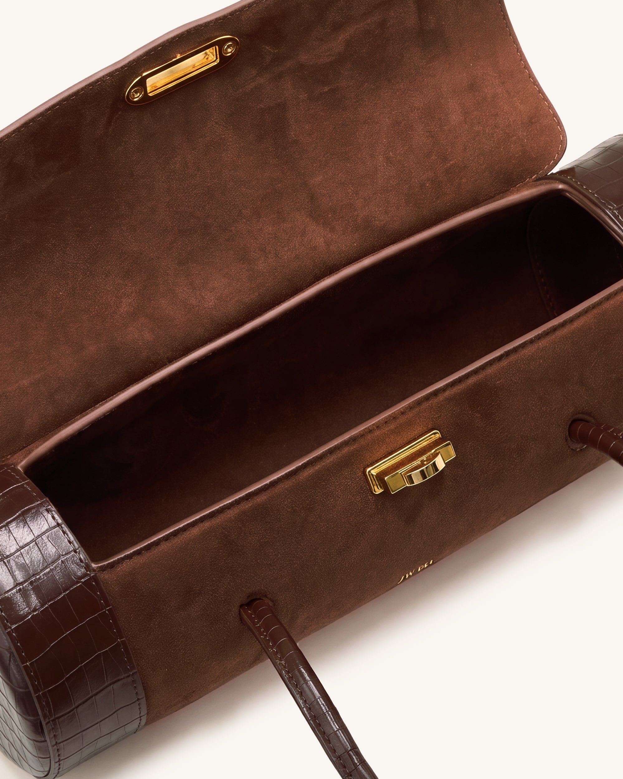 Maelis Faux Suede Croc-Trim Barrel Bag - Dark Brown - Image 4