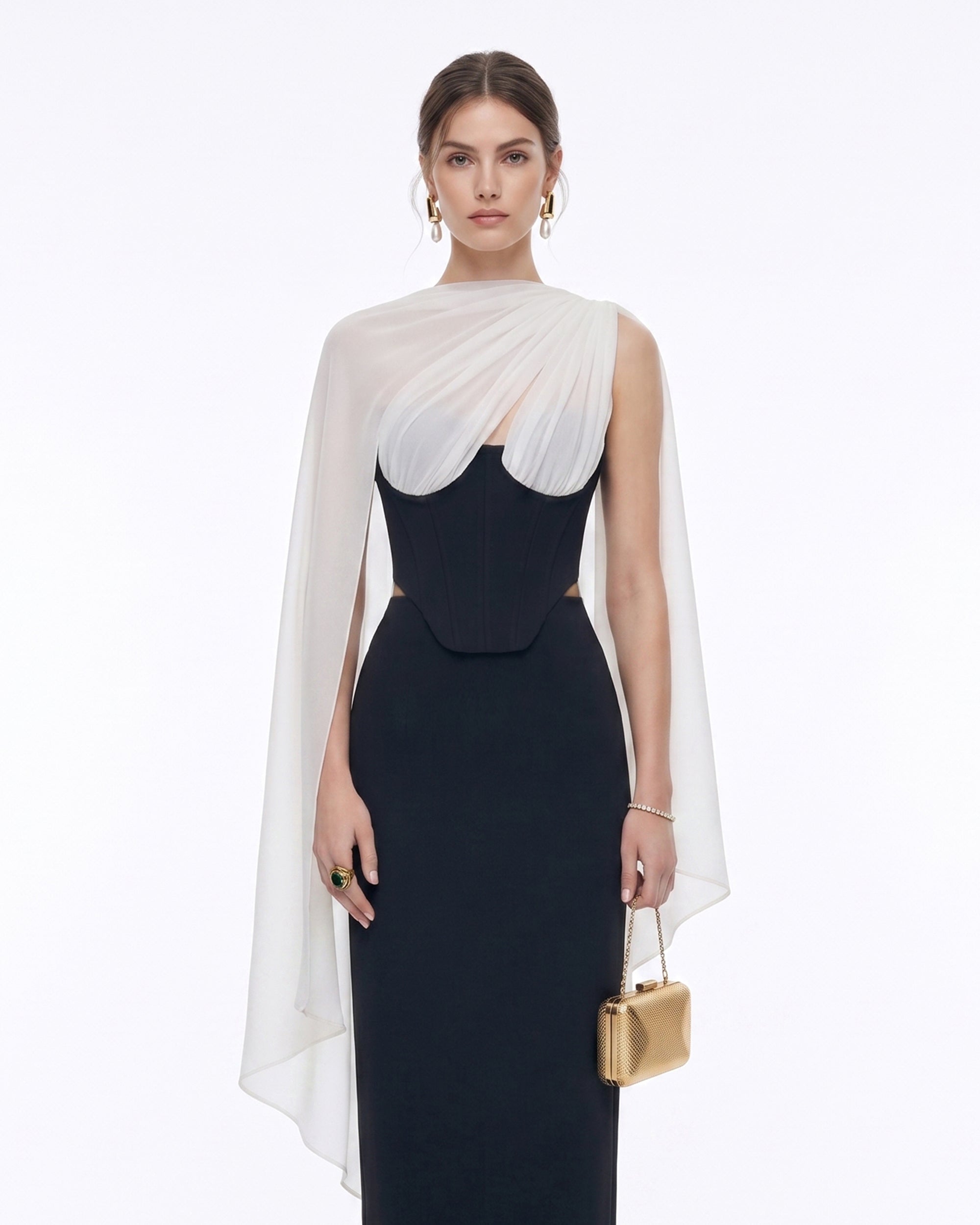 Strapless Corset Sheer Cape Top - Black & White - Image 3