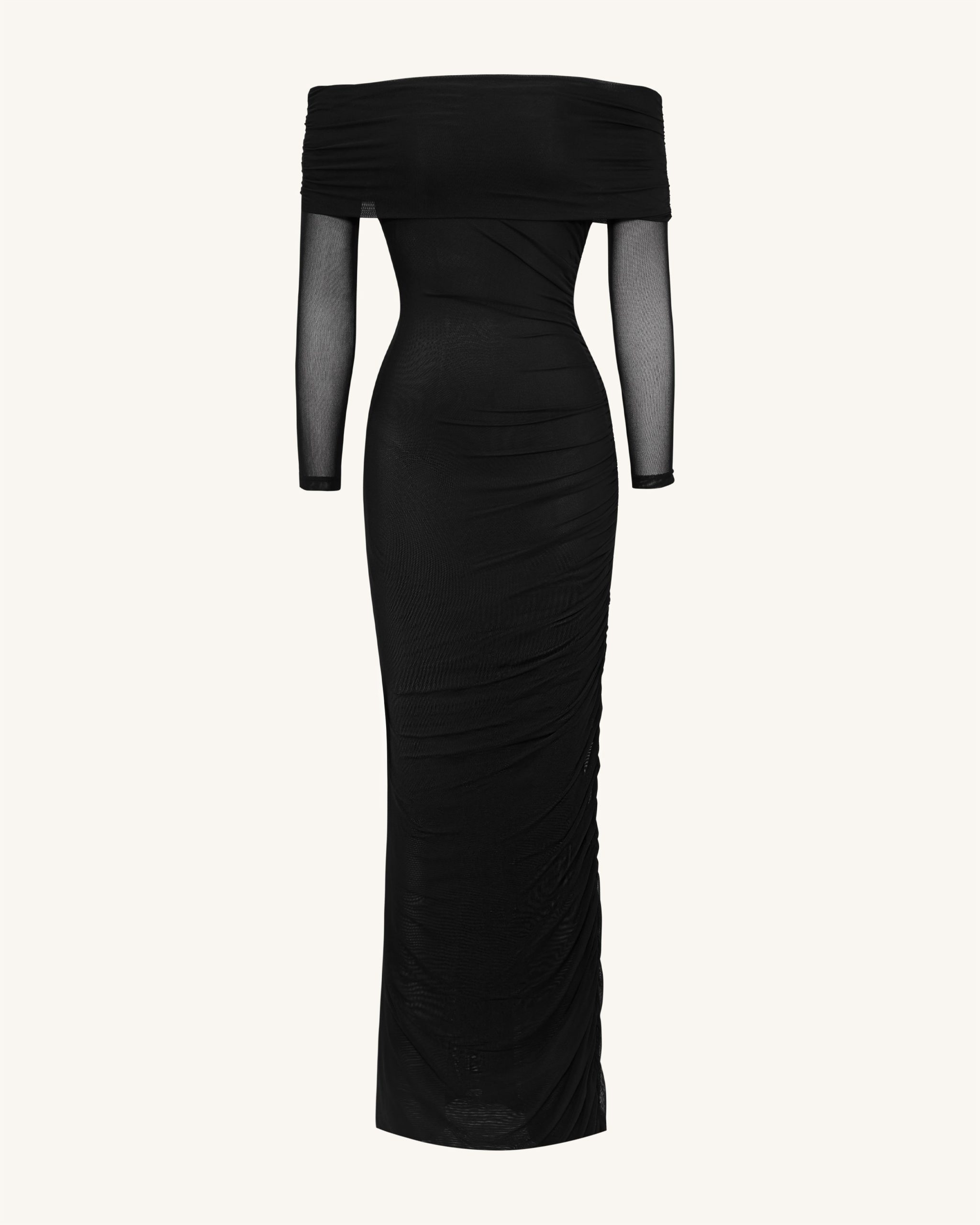 Ruched Off-Shoulder Mesh-Sleeve Mermaid Maxi Dress - Black - Image 3