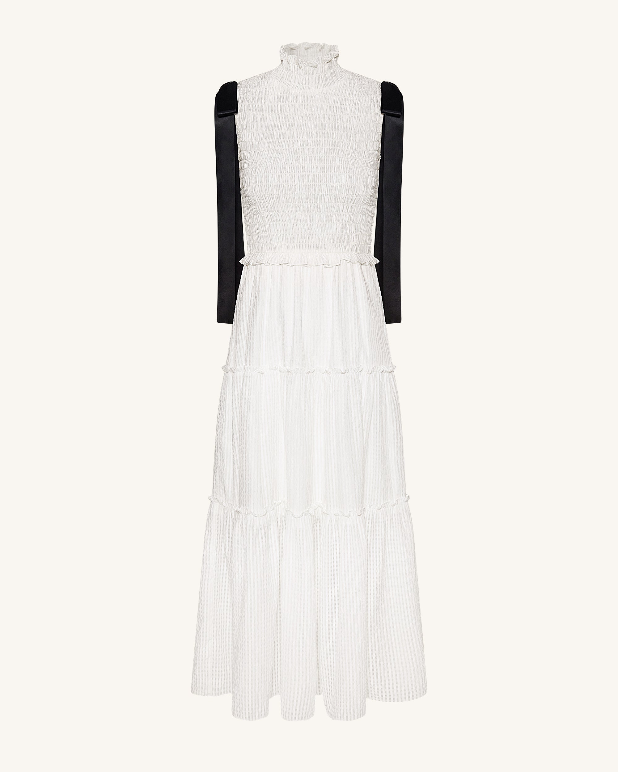 High-Neck Sleeveless Smocked Three-Tier Maxi Dress - White - Image 2