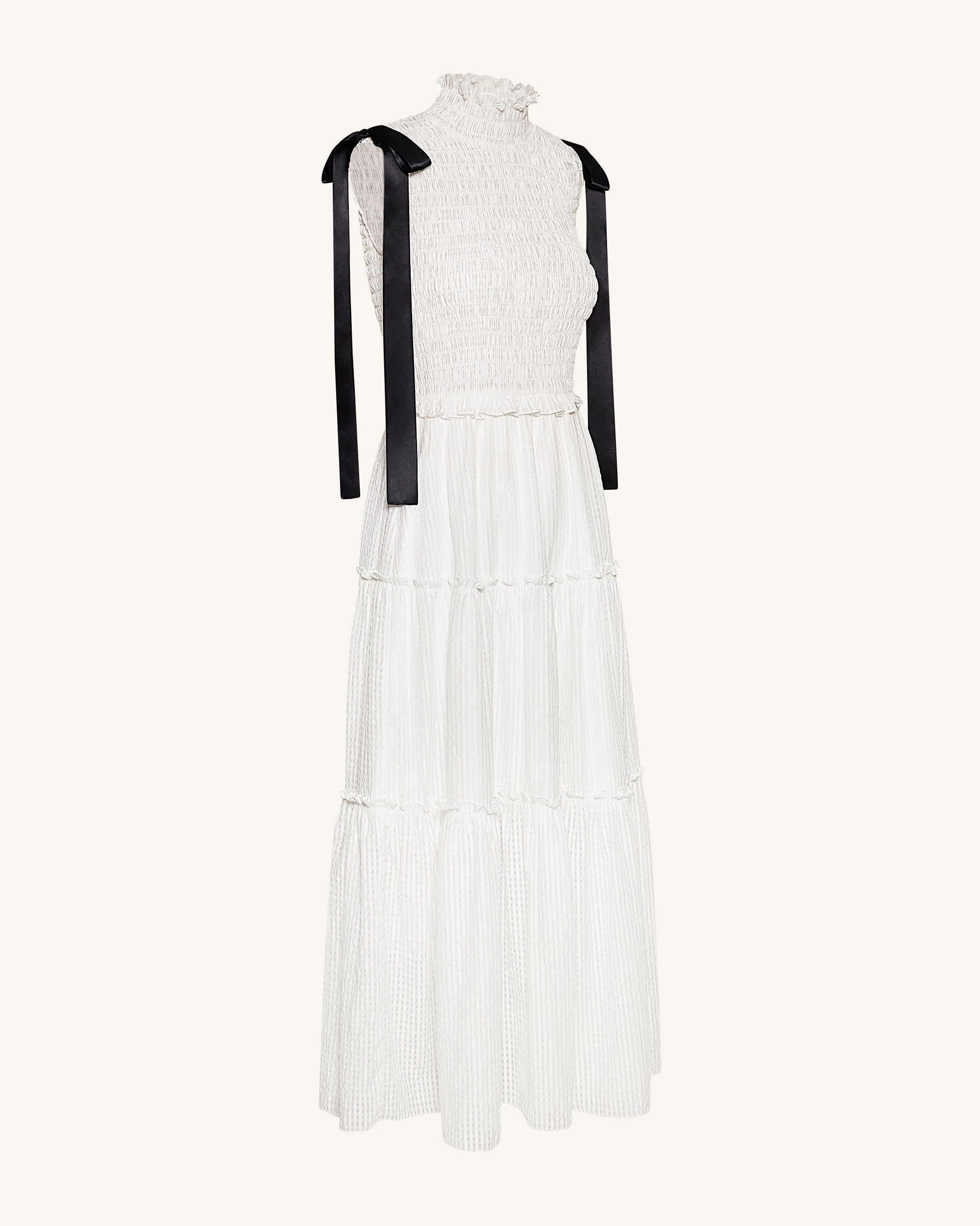 High-Neck Sleeveless Smocked Three-Tier Maxi Dress - White - Image 3