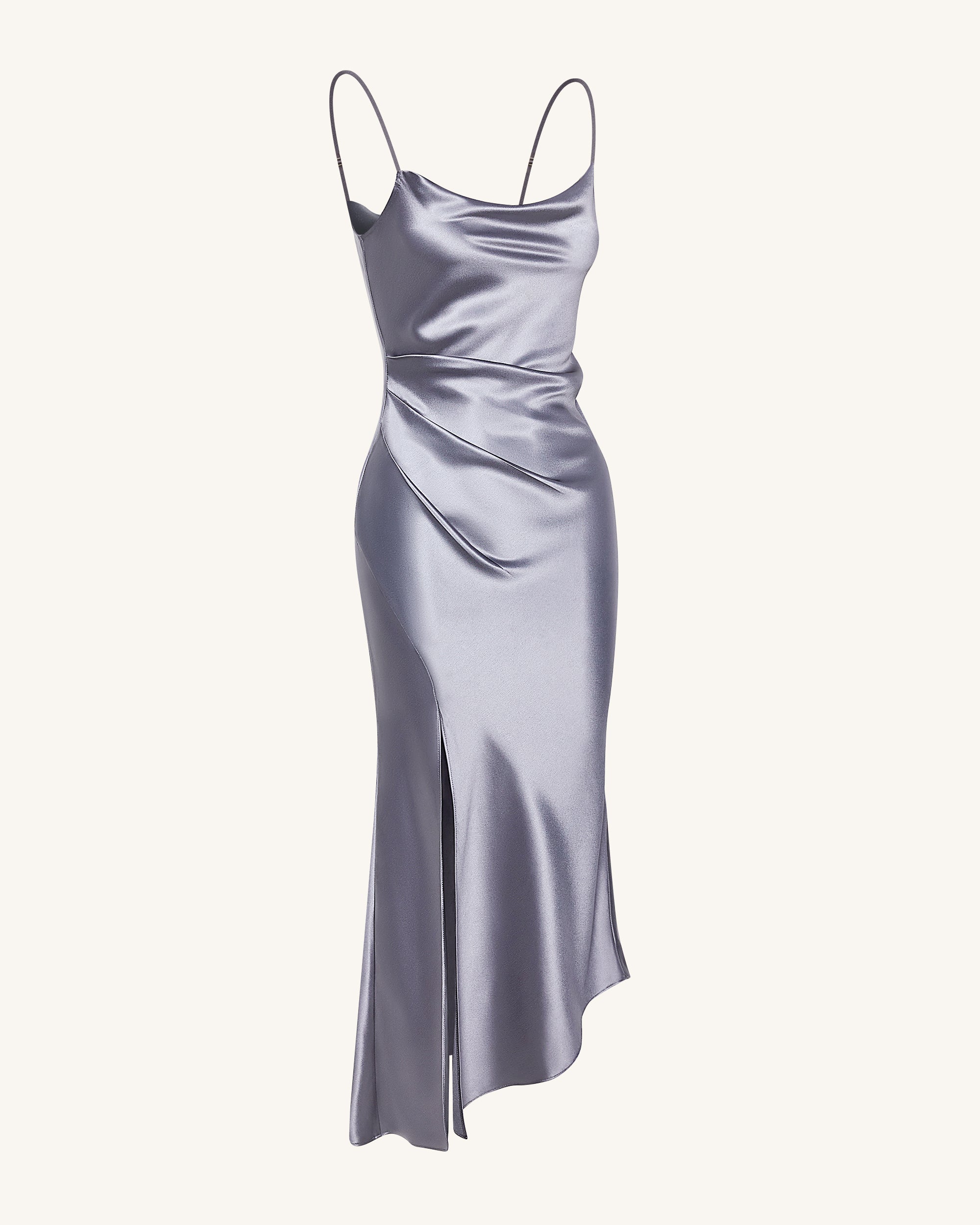 Liquid Satin Cowl-Slit Gown - Silver - Image 4