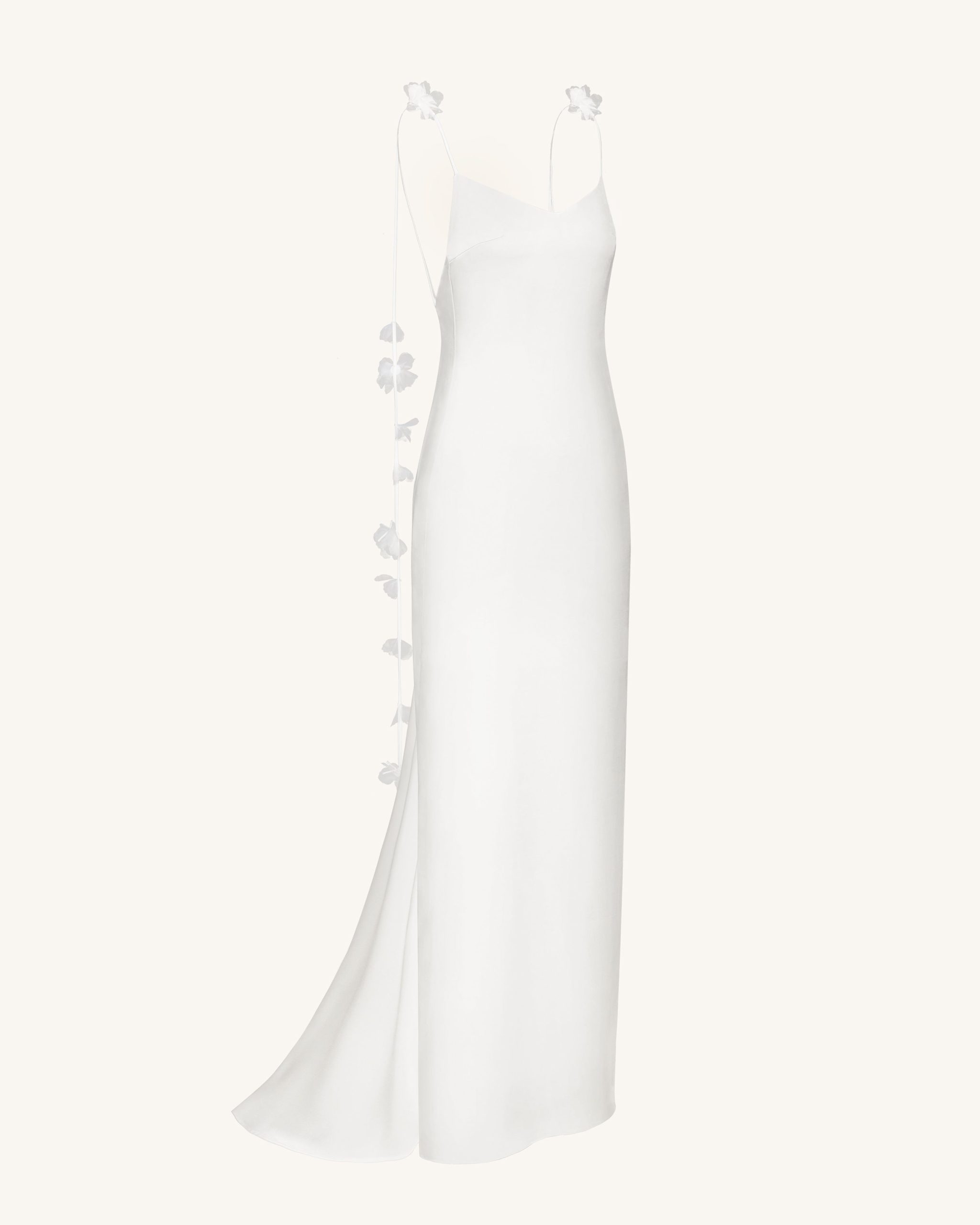 Satin Strappy Maxi Dress with Floral Streamers - White - Image 5