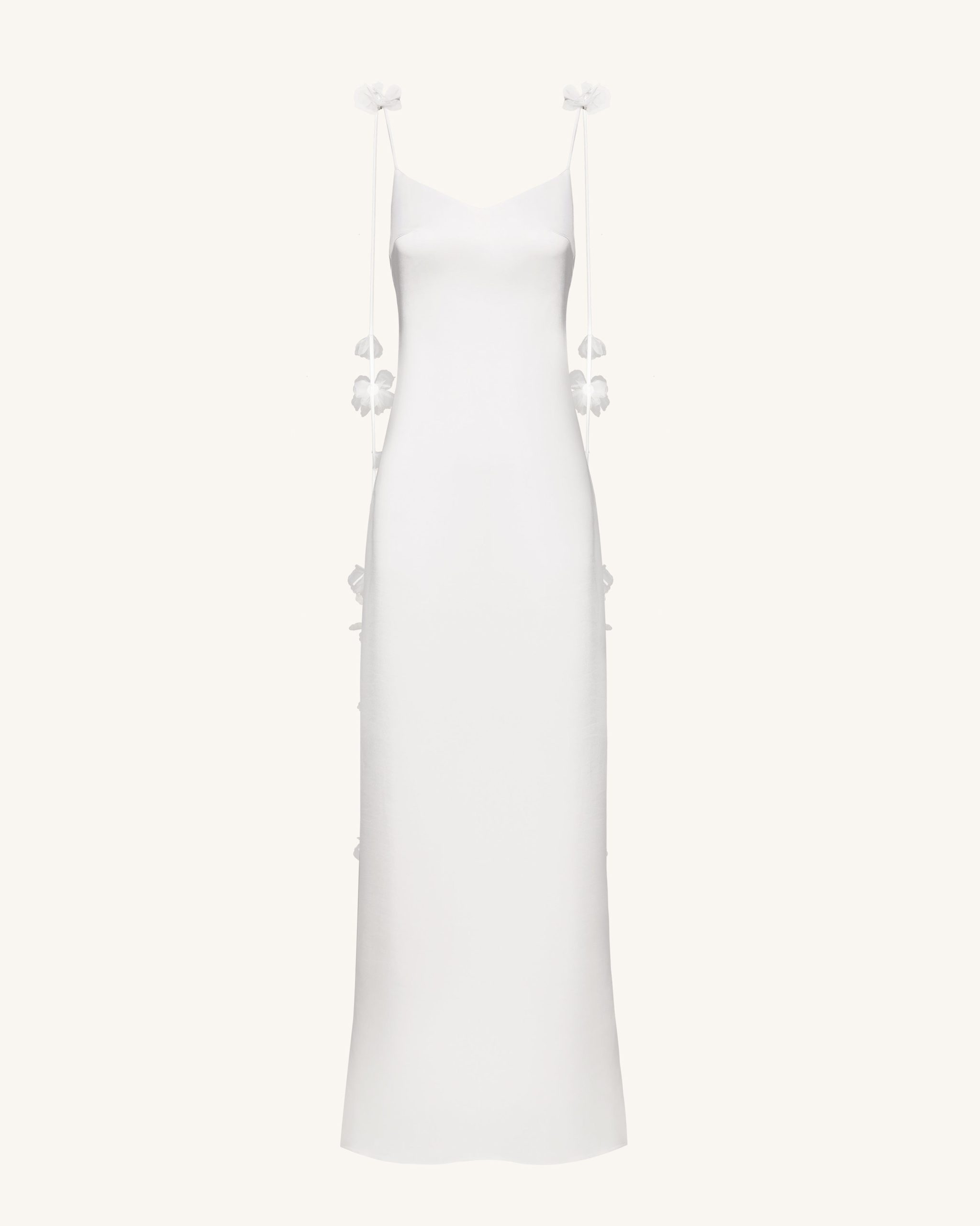 Satin Strappy Maxi Dress with Floral Streamers - White - Image 4
