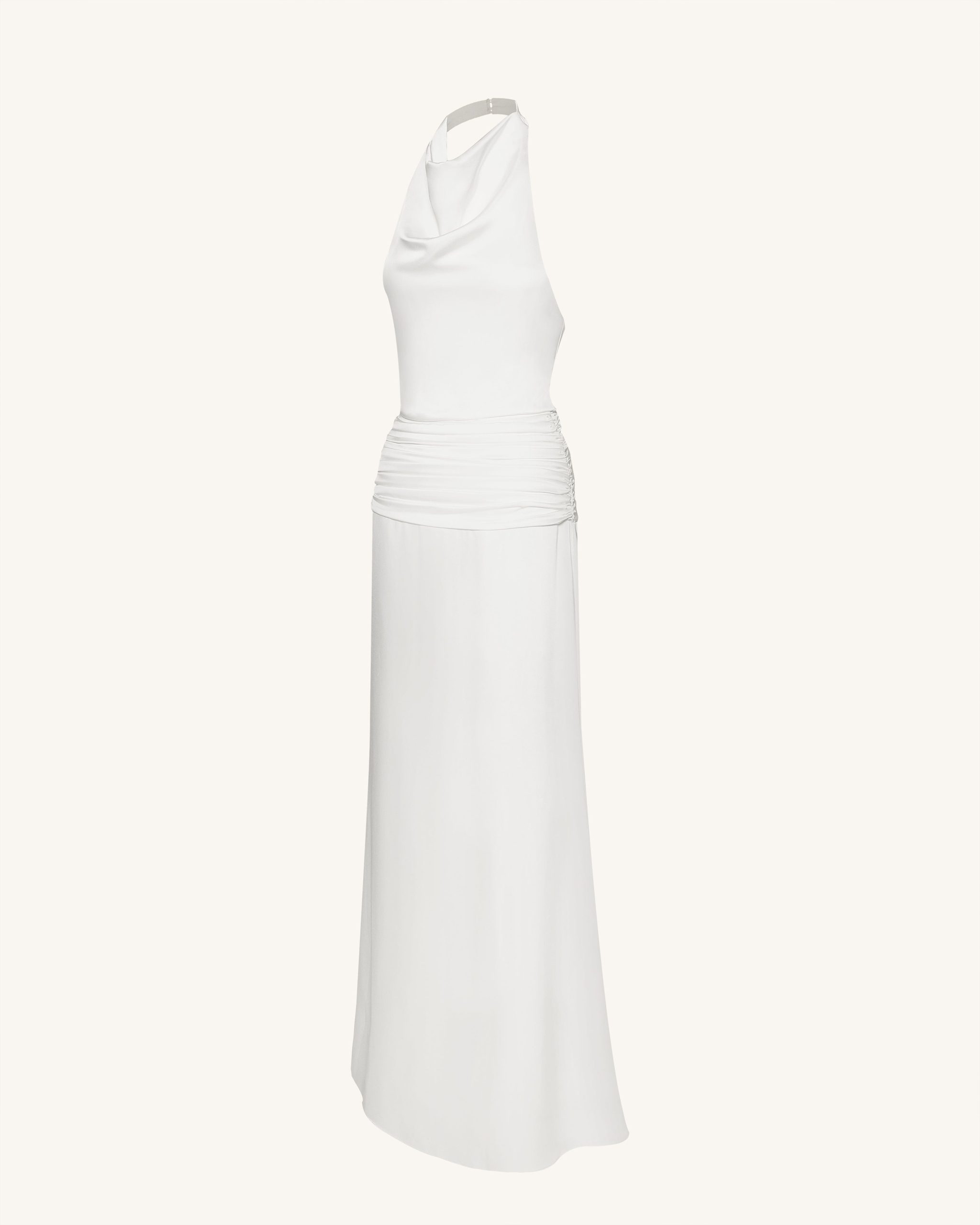 Satin Cowl Neck Ruched Maxi Gown - White - Image 5