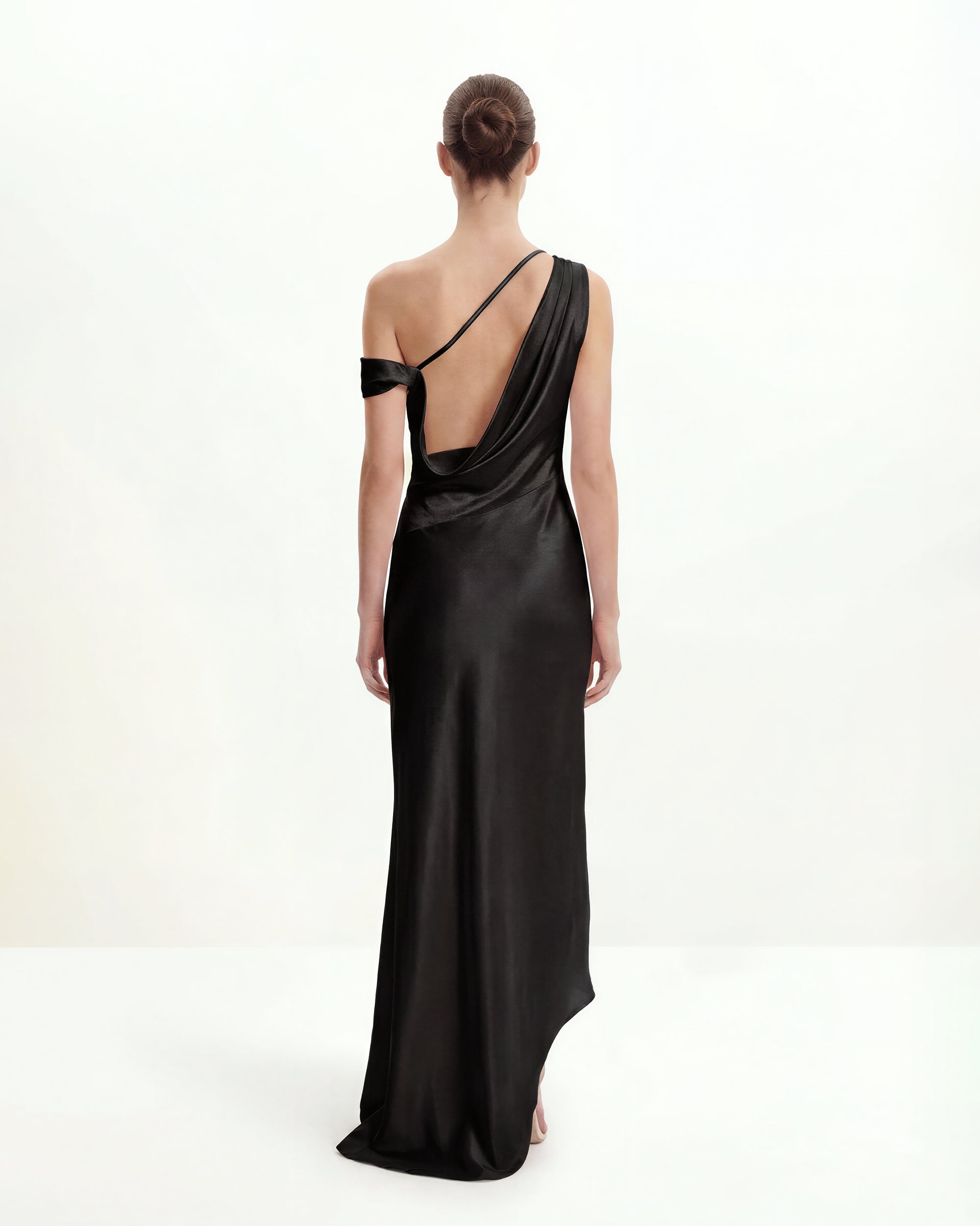 Satin Draped One-Shoulder Asymmetric Dress - Black - Image 2