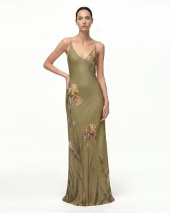 Iris Motif Satin Slip Gown - Olive Green