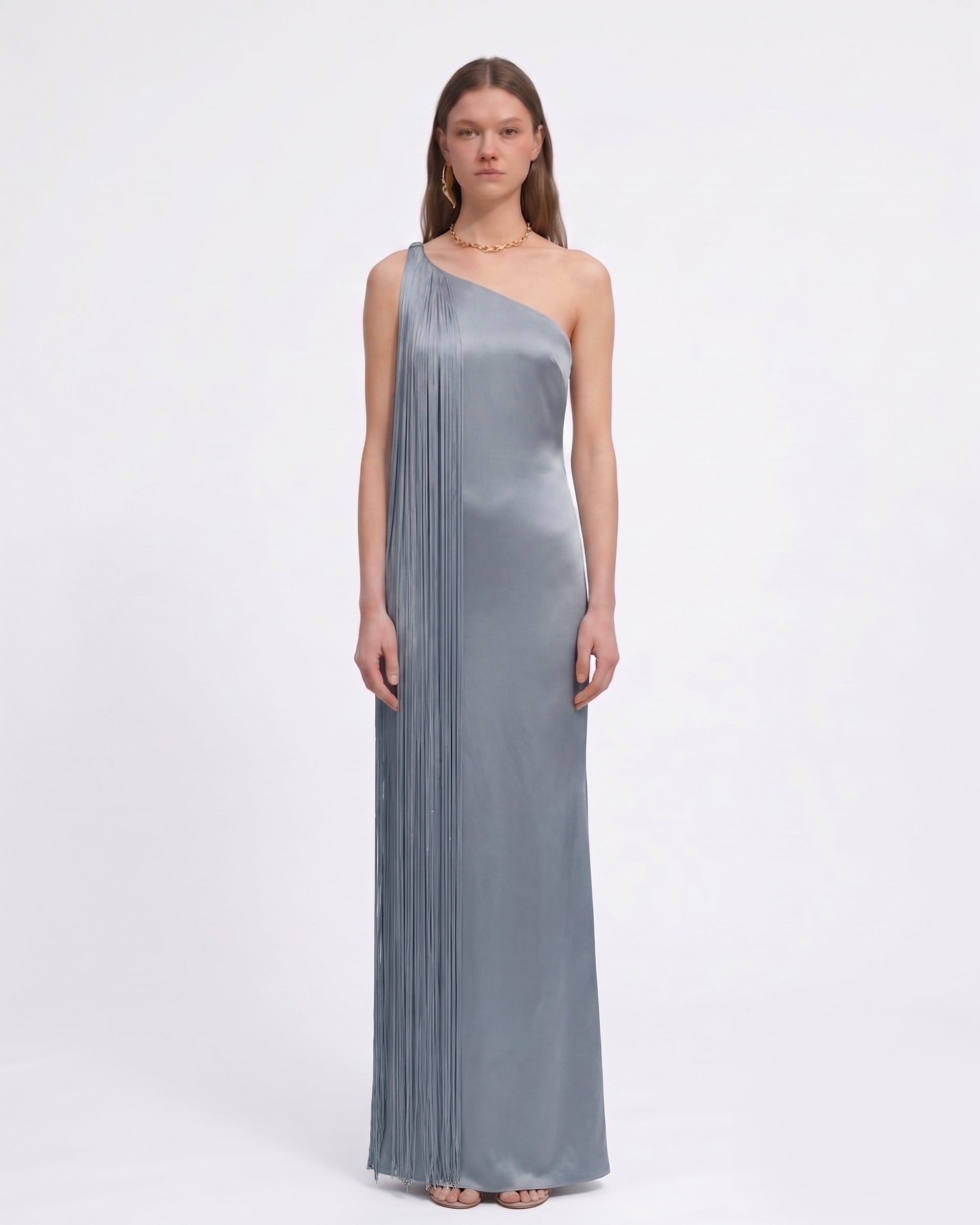 Fringe One Shoulder Maxi Dress - Misty Blue - Image 2