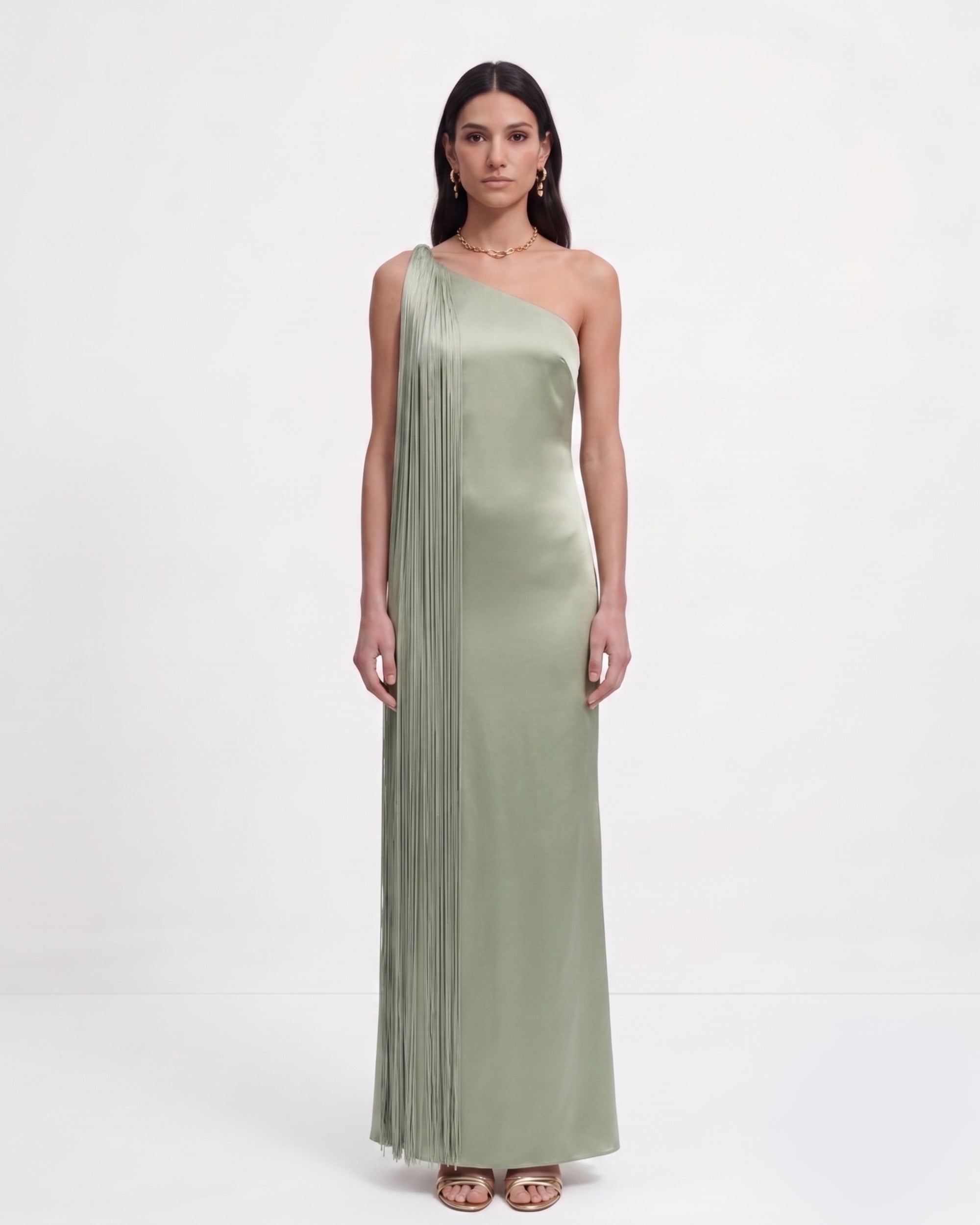 Fringe One Shoulder Maxi Dress - Sage Green - Image 2