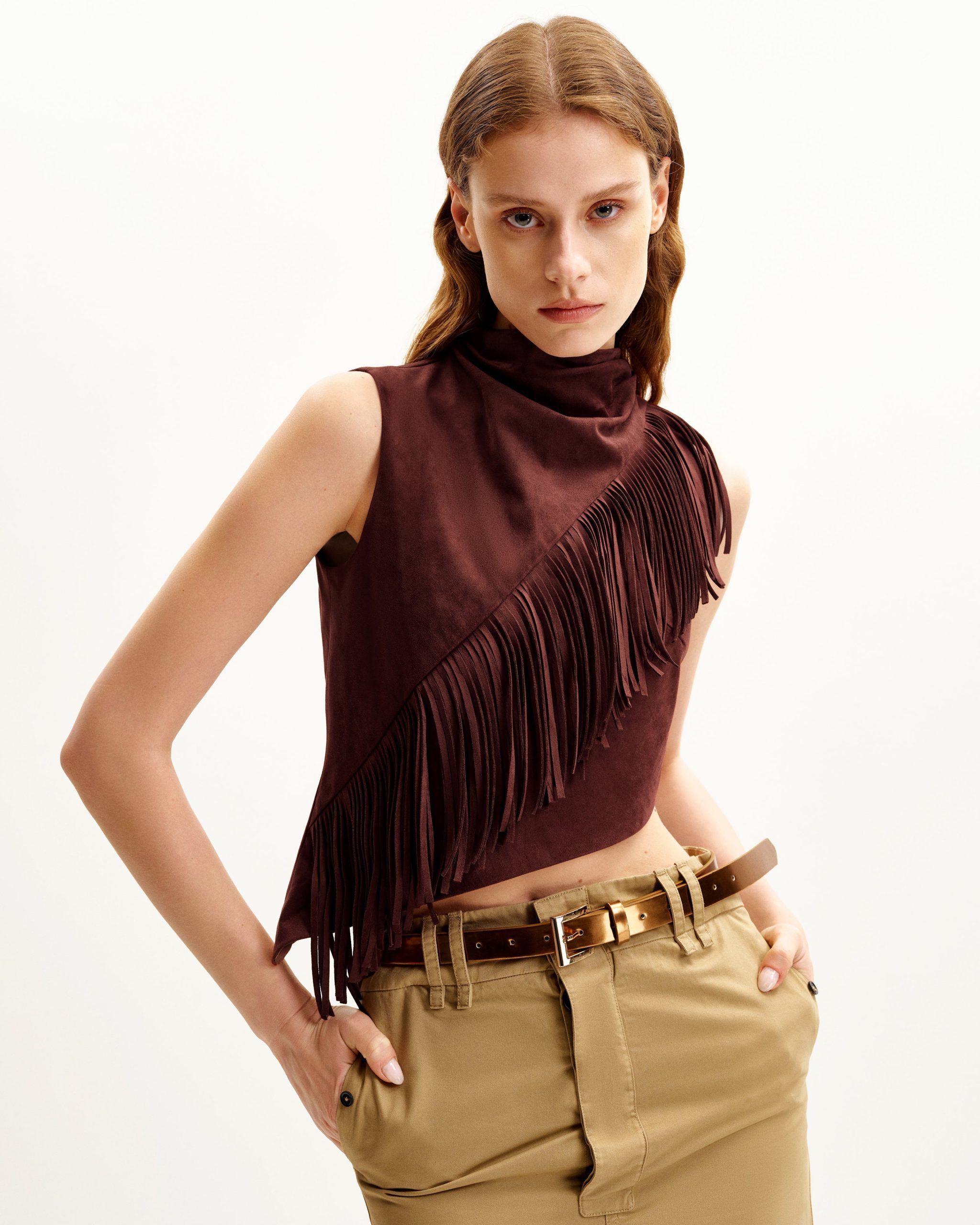 Adeline Asymmetric Fringe Sueded Top - Burgundy - Image 2