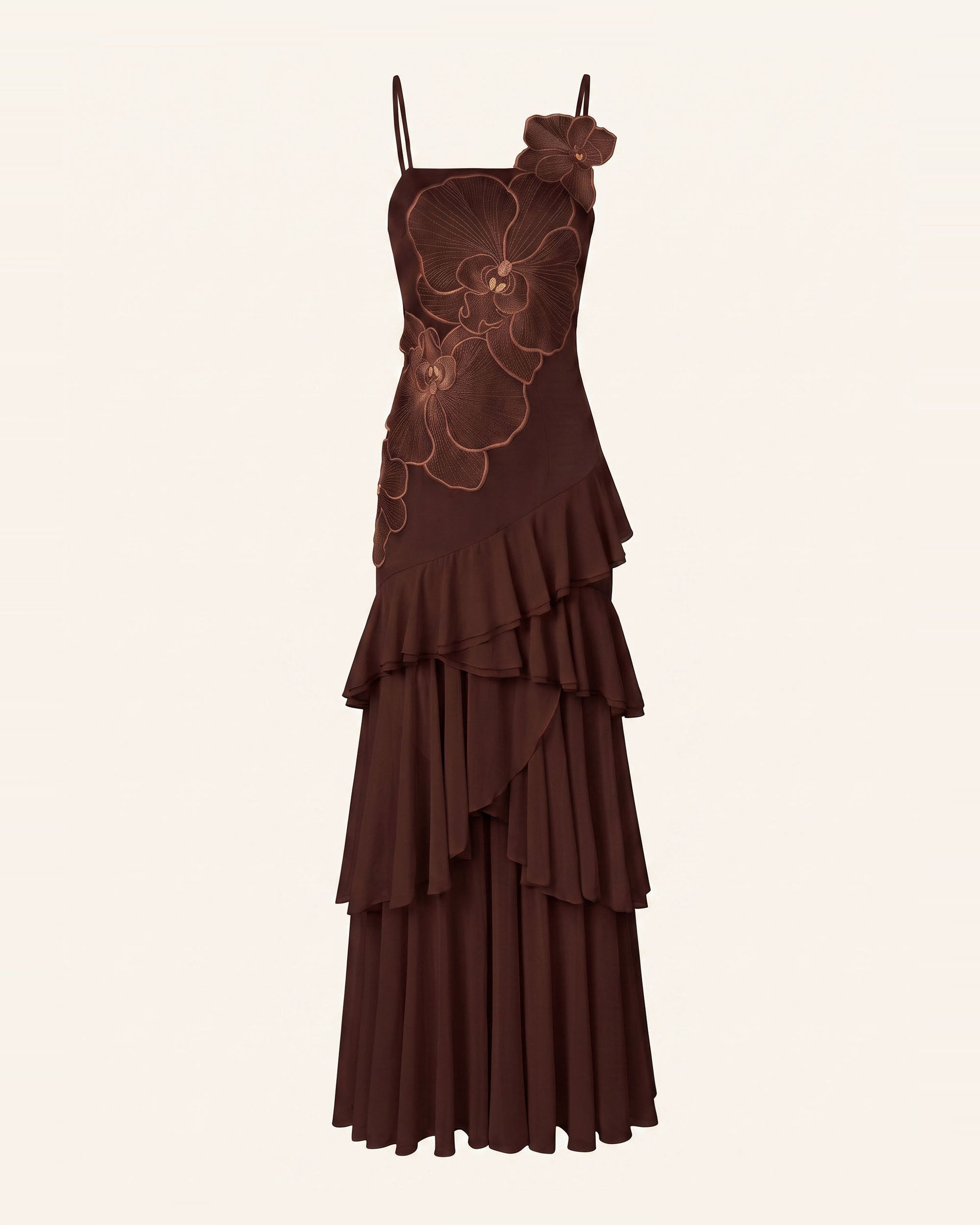 Orchid Embroidered Ruffled One-Shoulder Maxi Dress - Dark Brown - Image 3