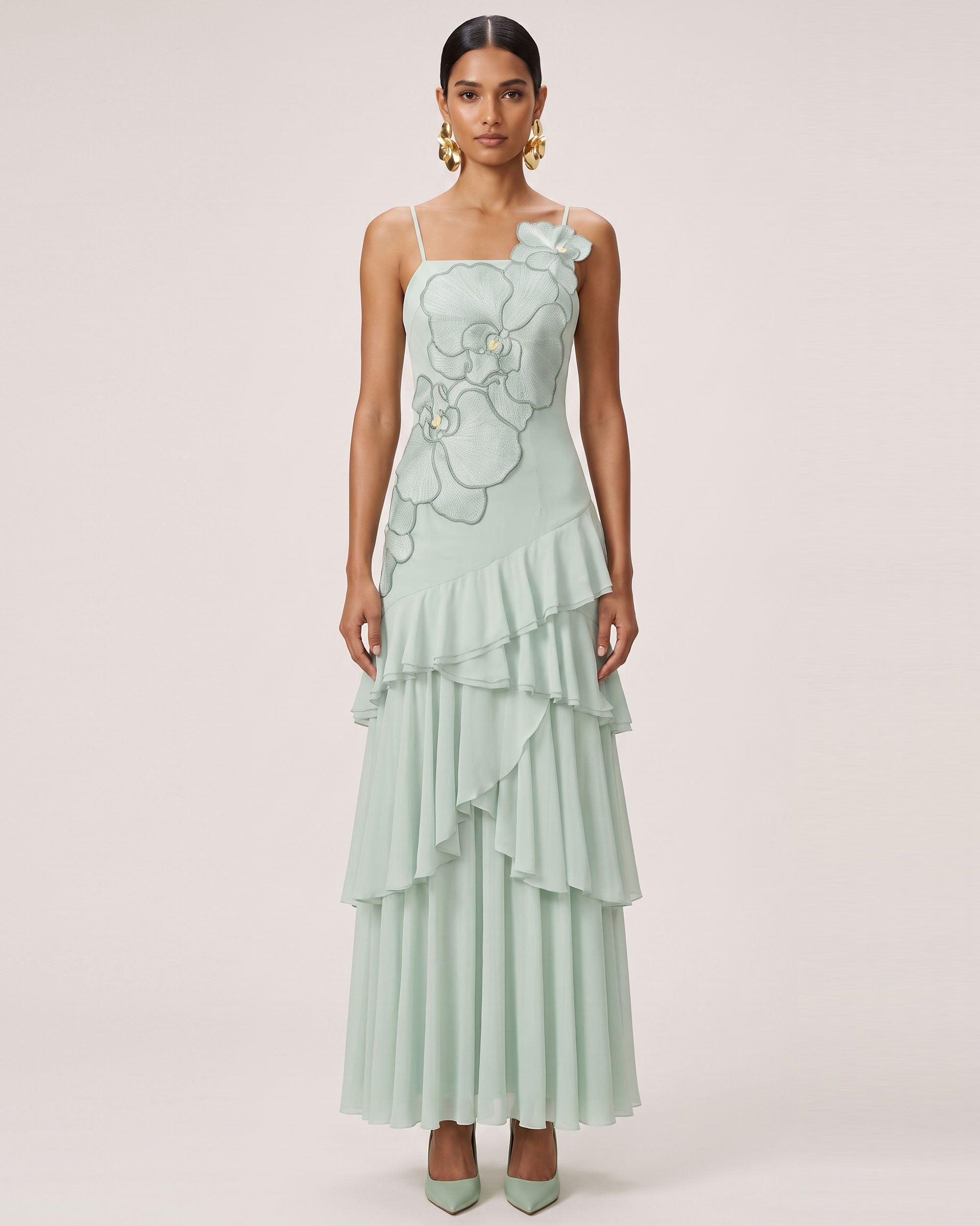 Orchid Embroidered Ruffled One-Shoulder Maxi Dress - Mint Green