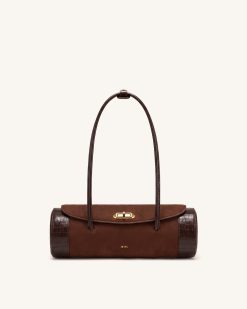 Maelis Faux Suede Croc-Trim Barrel Bag - Dark Brown