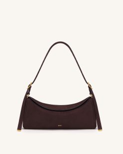 Elowen Faux Suede East-West Shoulder Bag - Dark Brown