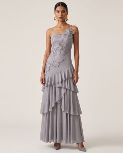 Orchid Embroidered Ruffled One-Shoulder Maxi Dress - Lavender Gray