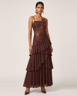 Alternative view of Orchid Embroidered Ruffled One-Shoulder Maxi Dress - Dark Brown