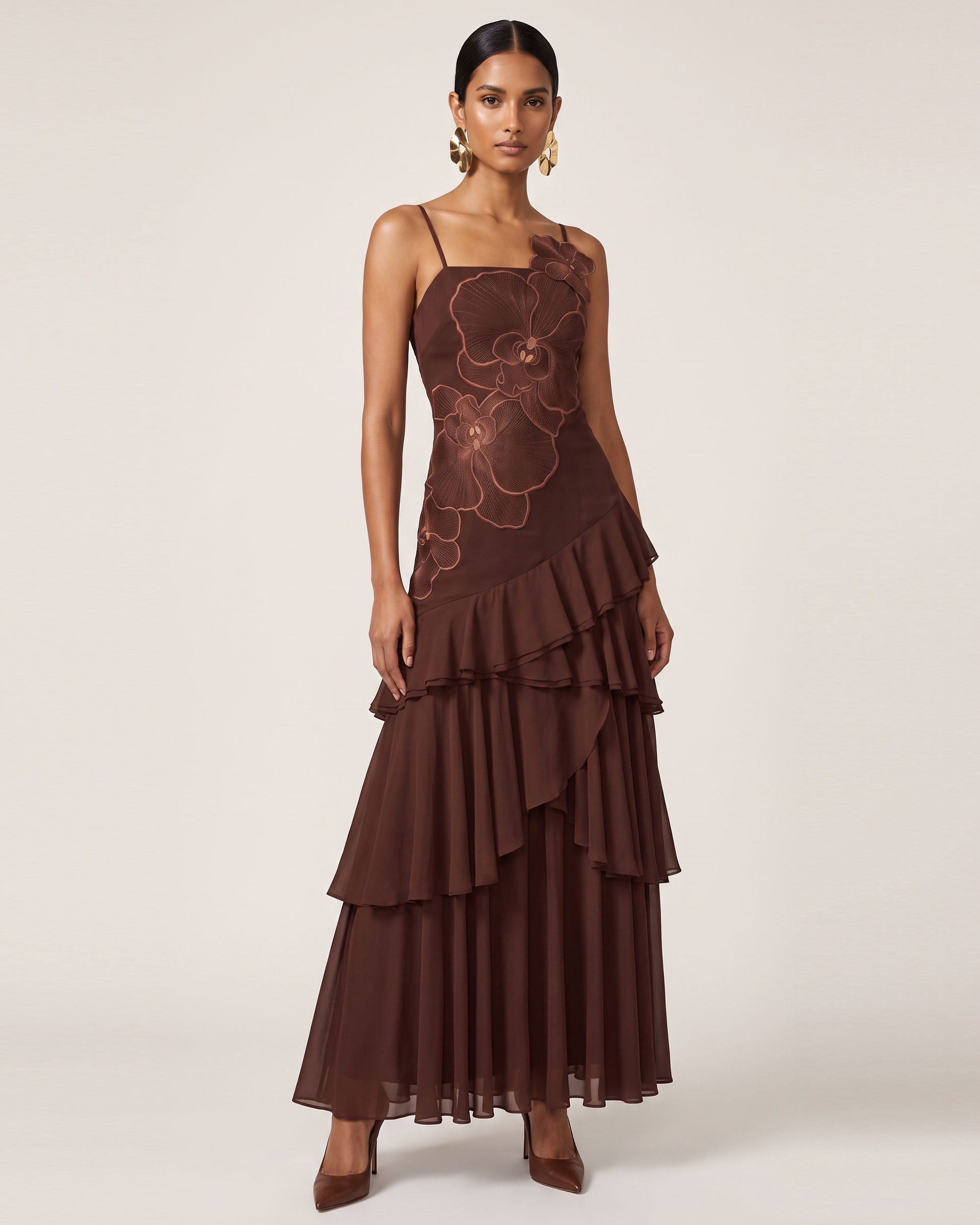 Orchid Embroidered Ruffled One-Shoulder Maxi Dress - Dark Brown - Image 2