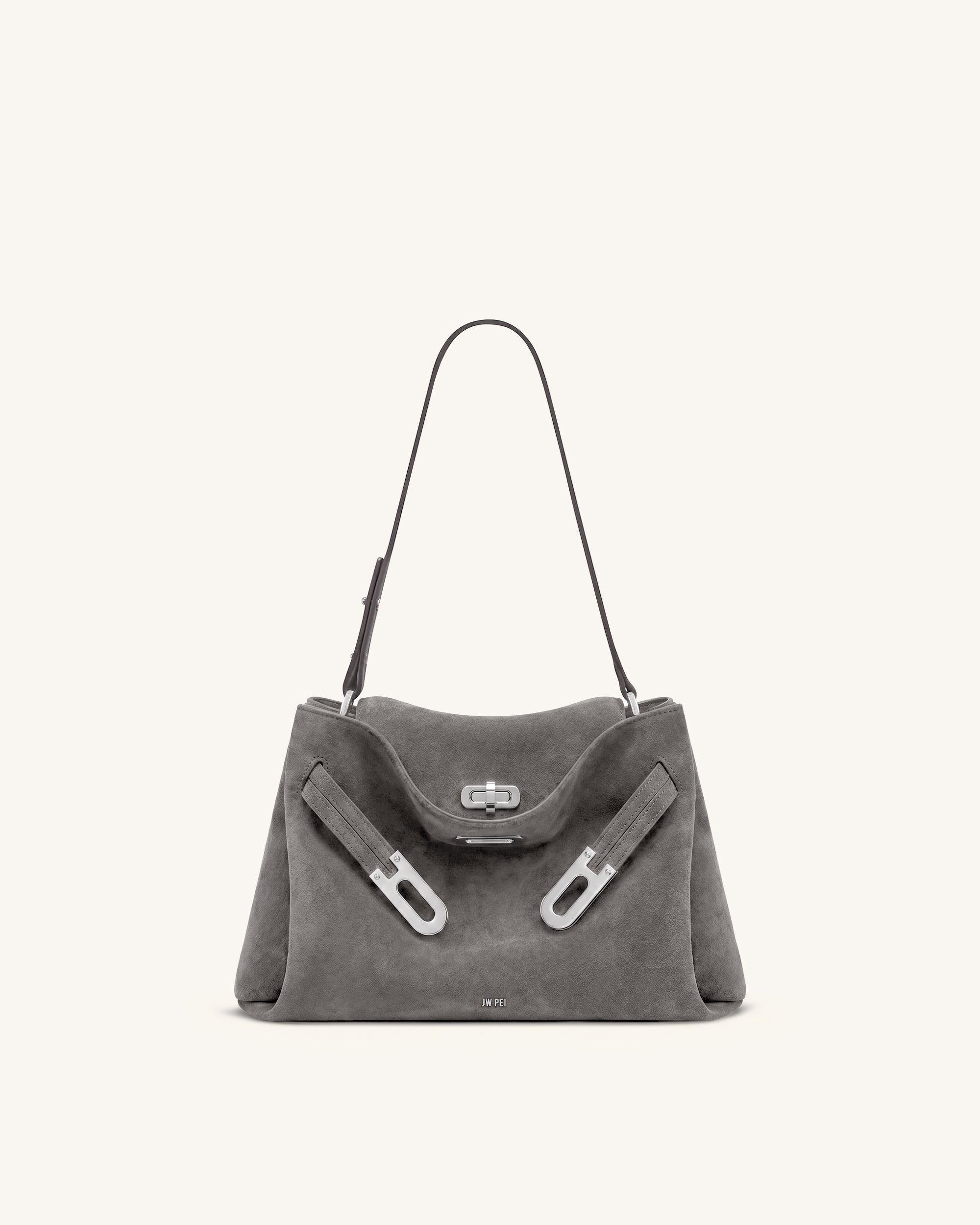 Rhea Faux Suede Double Buckle Shoulder Bag - Grey