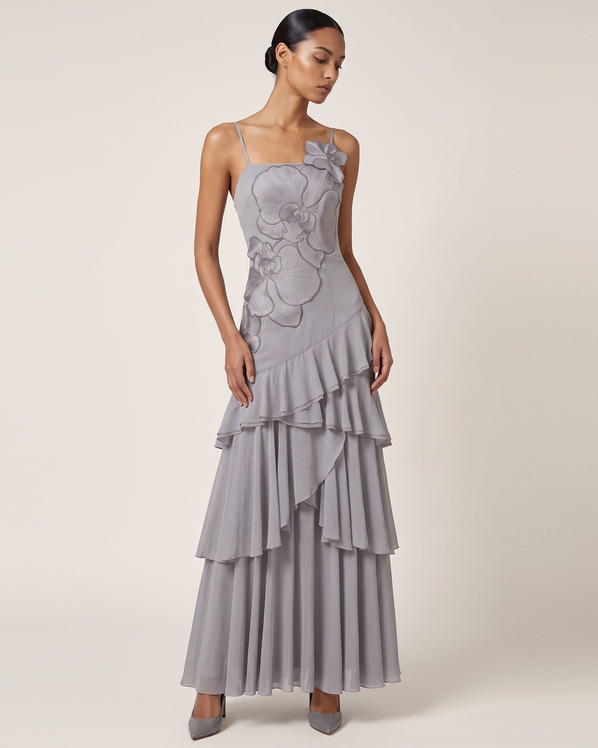 Orchid Embroidered Ruffled One-Shoulder Maxi Dress - Lavender Gray - Image 2