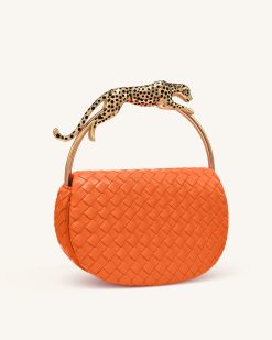 Alternative view of Ione Leopard Shaped Hardware Handle Woven Top Handle Bag - Orange