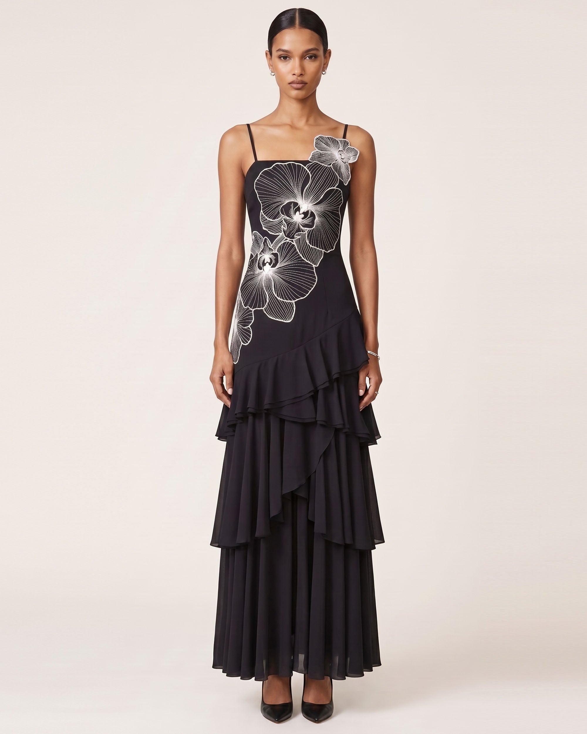 Orchid Embroidered Ruffled One-Shoulder Maxi Dress - Black & White