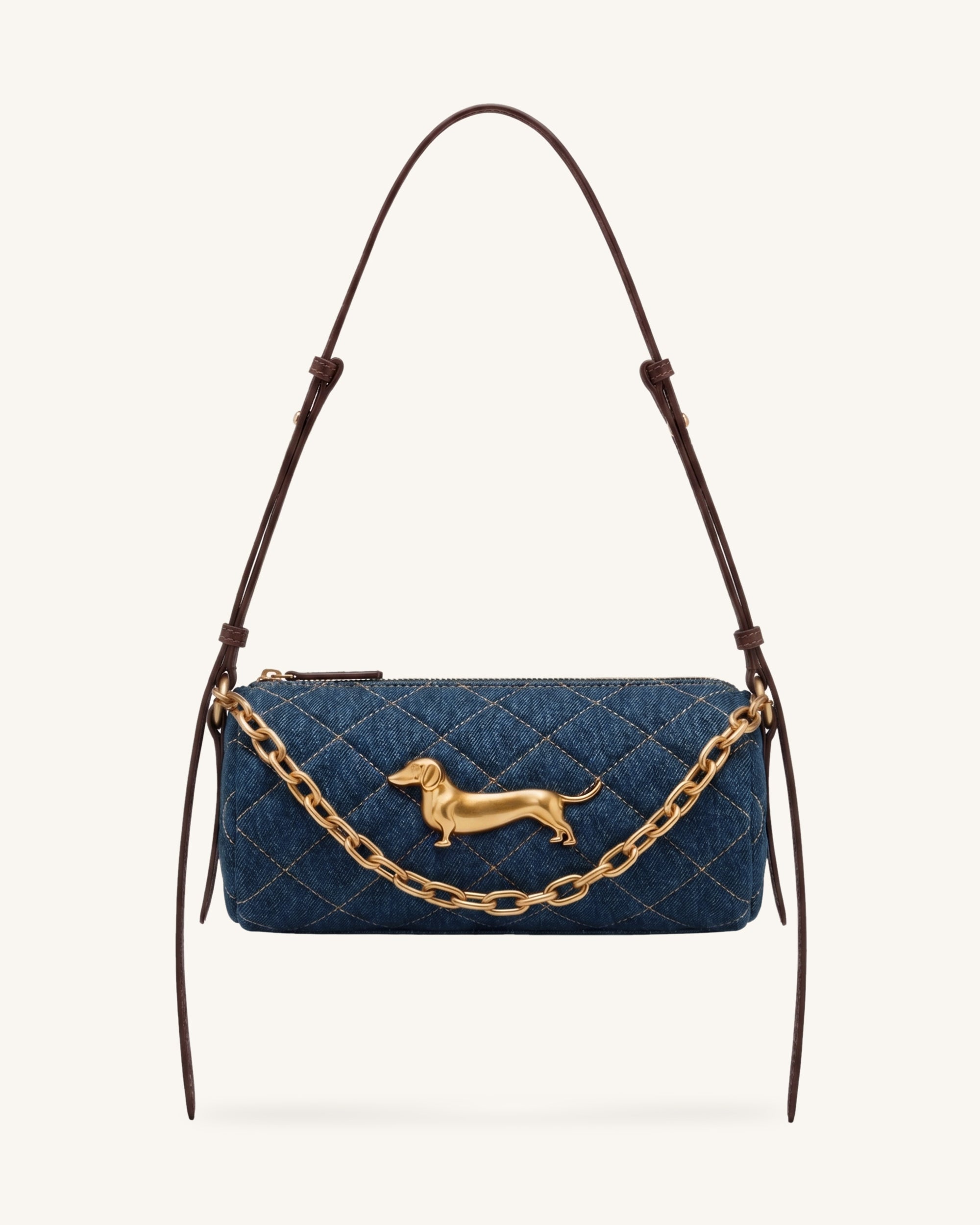 Lucienne Dachshund Quilted Chain Shoulder Bag - Blue Denim