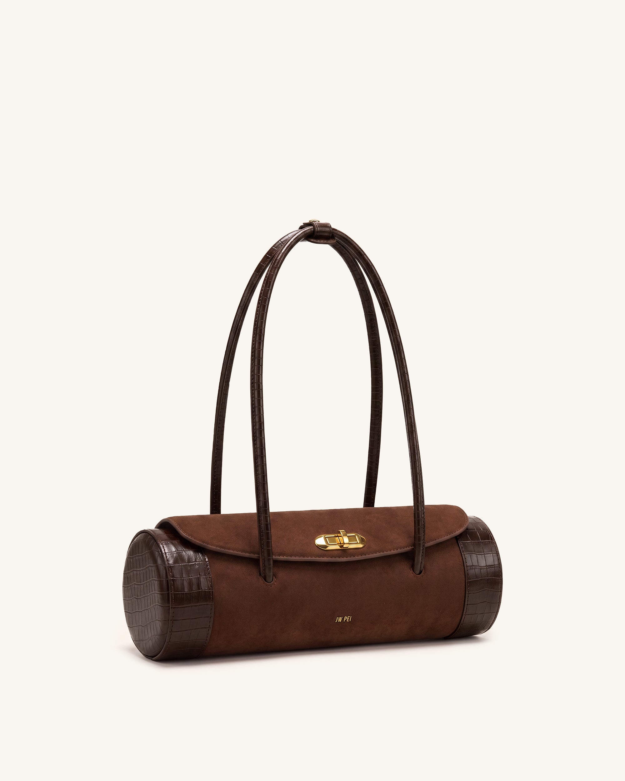 Maelis Faux Suede Croc-Trim Barrel Bag - Dark Brown - Image 2