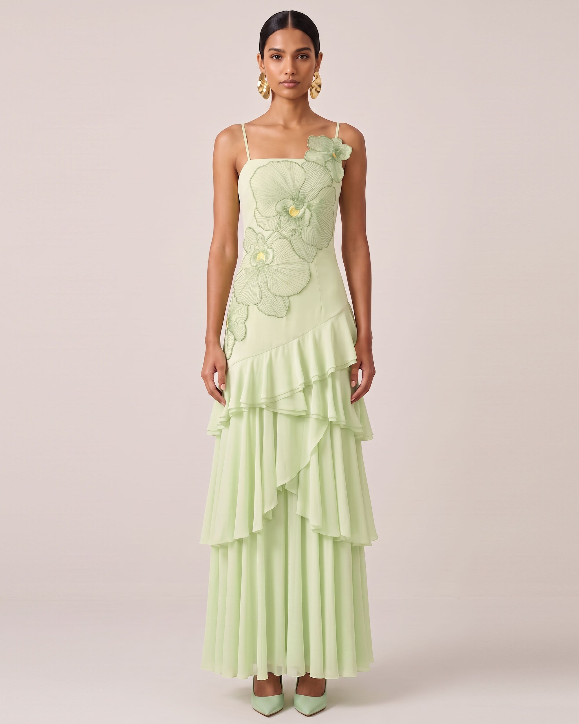 Orchid Embroidered Ruffled One-Shoulder Maxi Dress - Light Green