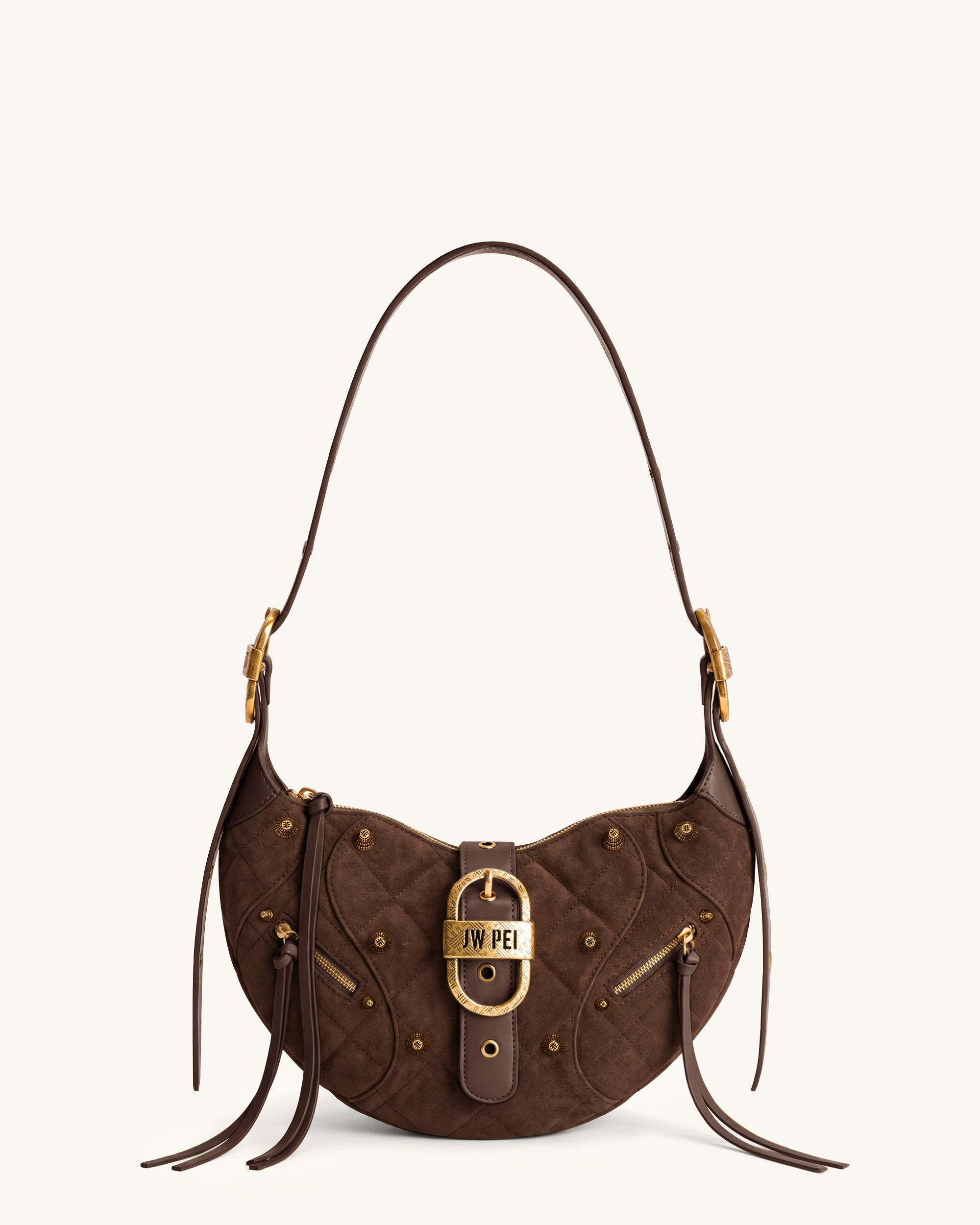 Tessa Studded Faux Suede Quilting Shoulder Bag - Amber Brown
